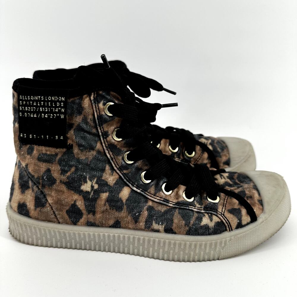 AllSaints Demmy Celia High Top Sneakers Leopard Canvas Round Toe Tan Black 8 - Picture 3 of 7